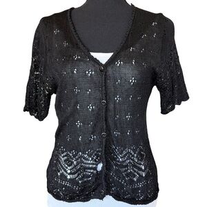 Vintage 90s Wrapper Black Short Sleeve Crochet Button Front Cardigan - Size M